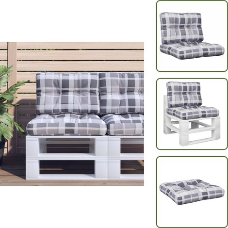 The Living Store Coussins de palette lot de 2 motif à carreaux gris tissu - Coussins Exterieurs - Coussins De Terrasse - Coussins Jardin - Coussin Design - Coussin Confortable