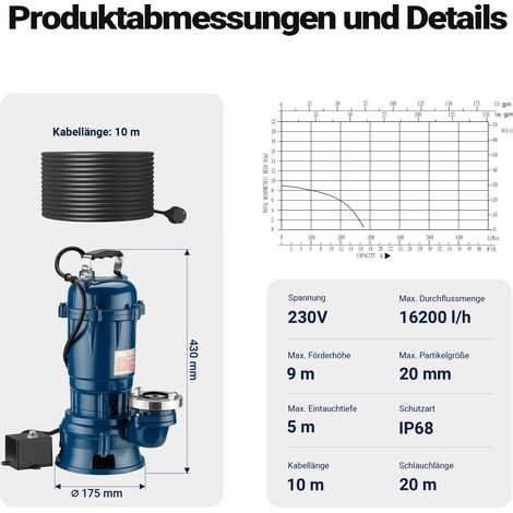 Wiltec Pompe électrique pour eaux sales – Submersible – 550 W / 16200 l/h – Refoulement max. 8 m – avec Tuyau 20 m – Pompe-cave pour Arrosage Irrigation Jardinage Évacuation Drainage
