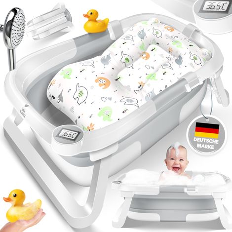 KIDIZ® Bañera de Bebé Compacta y Plegable Para Recién Nacidos 0-24 Meses Portátil de Viaje Con Termostato y Cojín - Gris Claro (1/5)