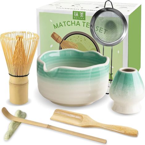 Matcha Kit 7 Pièces, Matcha Set - Fouet à Matcha en Bambou, Bol à Matcha, Support pour Fouet, Cuillère et Tamis, Kit Matcha pour Cérémonie du Matcha - Bleu Turquoise (1/5)