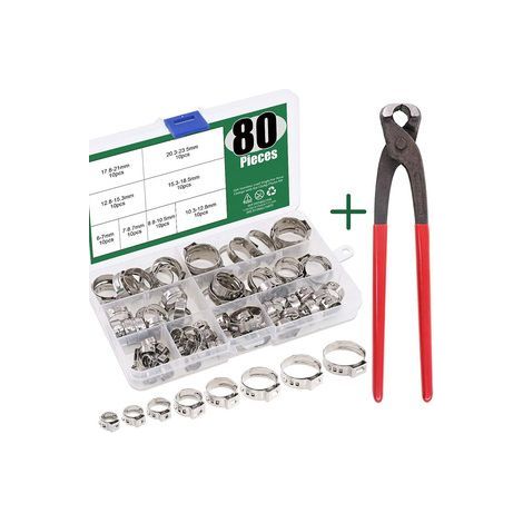 Lot de 80 colliers de serrage sans oreille – Pince à sertir et bandes inox – Pour tuyau d’arrosage, radiateur ou turbo automobile (1/5)
