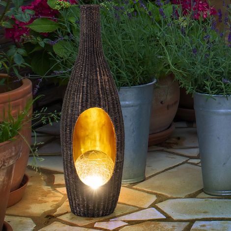 Globo – Lampe solaire en rotin avec boule de verre – Couleur or, brun craquelé – IP44, 1x LED blanc chaud, LxH 14,3x45,5 cm – 6-8h d'autonomie (1/5)