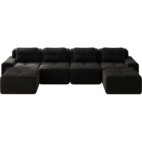 Divano modulare a U 4 posti in velluto a coste nero, senza montaggio, con chaise longue (1/5)
