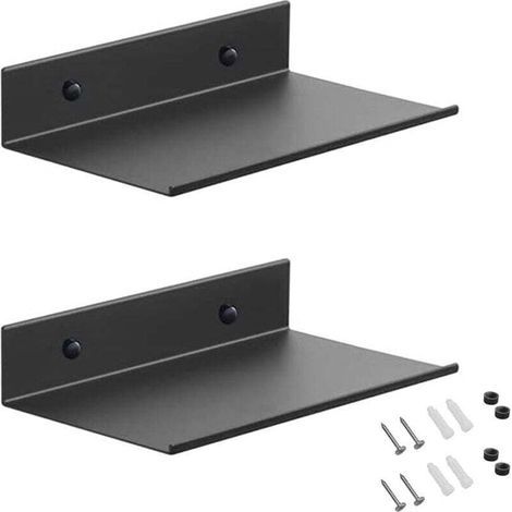 Support mural en métal, lot de 2 étagères flottantes noires 20 cm, support mural de douche, support mural rectangulaire avec trous et vis, adapté pour salon, chambre, cadres photo, petits bibelots (1/4)