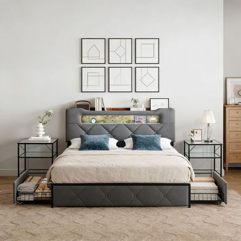 Doppelbett 140x200 cm - Erwachsenenbett mit LED und USB (2USB und 1Type-C) - 4 Schubladen - Kopfteilablage - aus Samt - grau