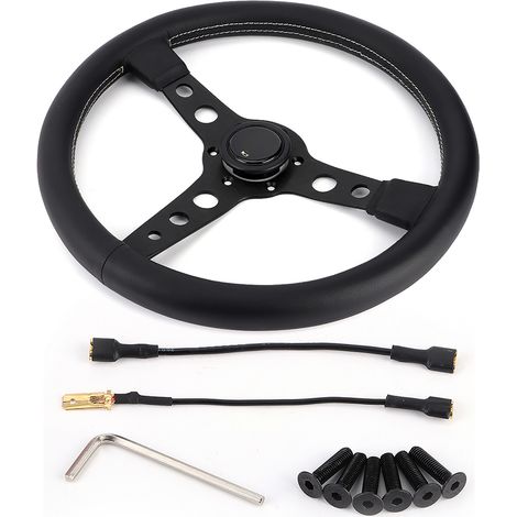 GARRYFIZH Volant Sport Style MOMO Prototipo 350mm/14 Pouces en Cuir Noir avec Coutures Grises et Bouton Klaxon