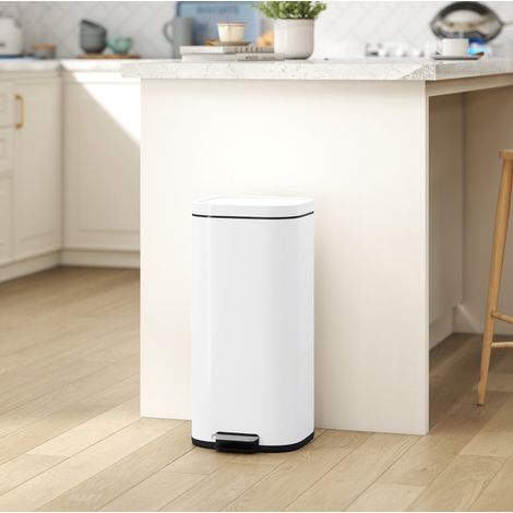 Papelera de cocina con pedal 30 L con tapa, cierre suave, blanca OKMYHOME (1/5)