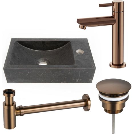 FugaFlow Eccelente Pietra ensemble de lavabo - 40x22cm - 1 trou de robinet - droite - pierre naturelle - robinet de lavabo Cuivre brossé PVD (Cuivre)