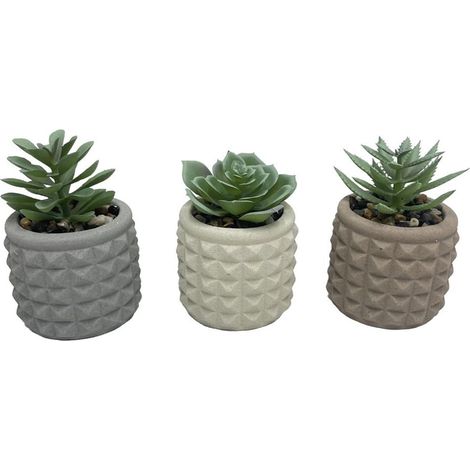 TRADE SHOP - Set 6pz Pianta Verde Finta Con Vaso Ceramica Geometrico A Rilievo 8x8xh11cm 3 Colori 157992 -