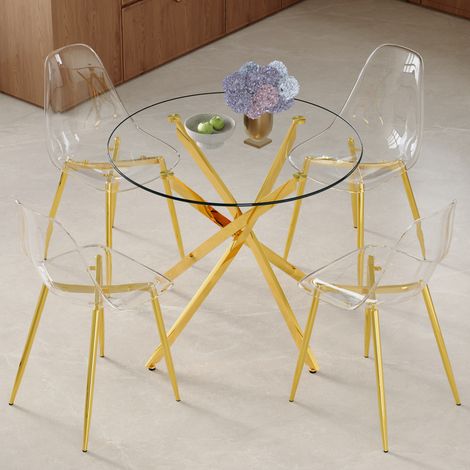 Ensemble table verre trempé 88 cm + 4 chaises plastique transparent. Style simple contemporain adapté aux petits espaces