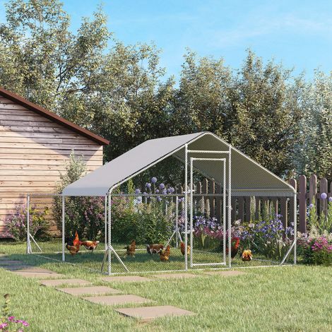 Enclos poulailler chenil volière extérieur 12 m² - parc grillagé dim. 4L x 3l x 2H m - espace couvert - acier galvanisé