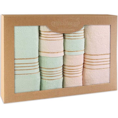 Juego de toallas de algodón, 6 piezas por caja, 50x90 + 70x140, color crema y menta. (1/5)