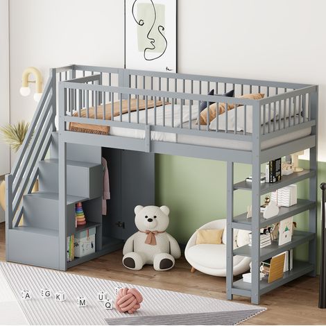 Lit mezzanine 90 x 200 cm avec armoire, étagères et rangements, échelle de sécurité, gris HAVRYA (1/5)