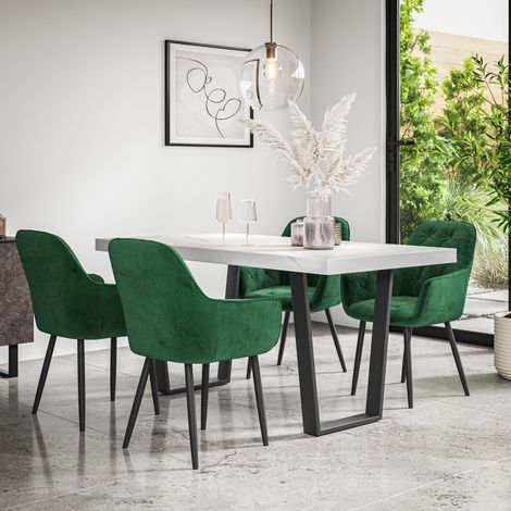 Aria Dining Table And Chairs -  White Marble Effect Table Top w Black Legs + Anika Velvet Dining Chair Set Of 4 (Green) (1/5)