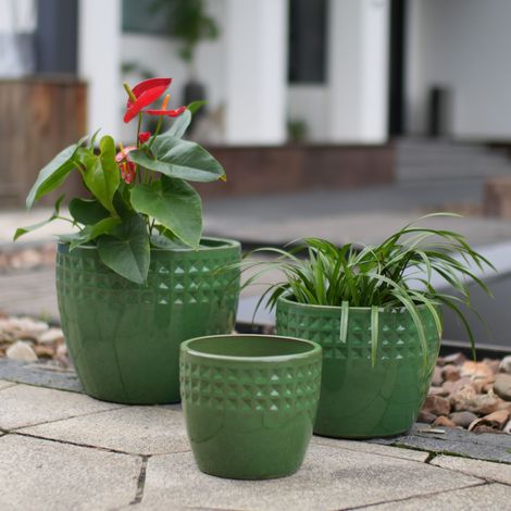 Ensemble de 3 pots de fleurs en céramique faits à la main (Ø 38,1/30,5/22,9 cm), motif diamant vert, idéal pour les orchidées/succulentes, intérieur/extérieur, rebords de fenêtre/étagères, argile resp (1/5)