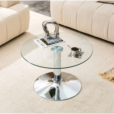 Mesa baja redonda de vidrio templado, Ø 70 cm, estructura metálica plateada OKMYHOME (1/5)