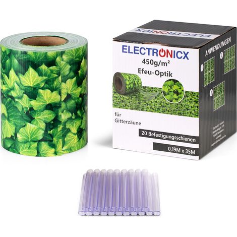 Electronicx PVC Sichtschutzstreifen 2 Rollen à 35m Efeu-Optik Doppelstabmatten 70m x 19cm 450g/m² inkl. 40 Befestigungsclips - Premium