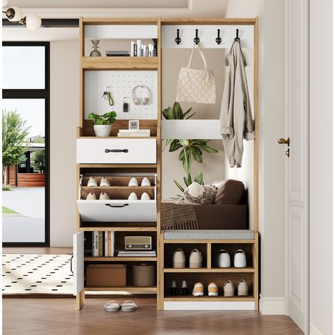 Armario de recibidor 108.5x35x180 cm blanco y roble en tablero de partículas con banco acolchado y zapatero (1/5)