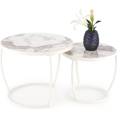 Conjunto mesa de centro Houston 1658, Blanco + Mármol blanco, 50x0x0cm, Diámetro: 62, Piedra sinterizada, Redonda
