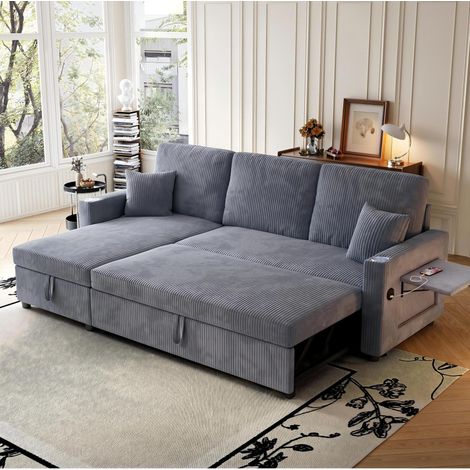 Divano angolare modulare a L in corduroy grigio, trasformabile in letto, con contenitore, USB/Type-C, tavolino e portabicchieri (1/5)