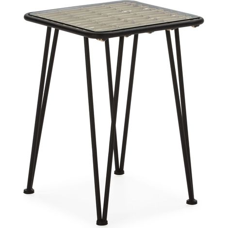 Beistelltisch 41X41X57 Glas/Schwarzes Metall/Naturrattan (1/2)