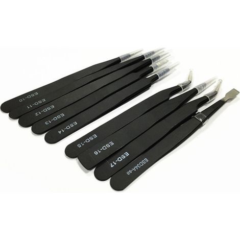 Schwarze antistatische Pinzette, gerade, rund, gebogen, flach und spitz, 9-teiliges Set (1/3)