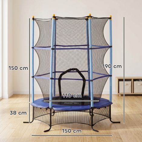 Trampoline pour enfants, 1,6 m de diamètre x 1,9 m de hauteur, avec filet de sécurité et barres rembourrées, convient aux enfants de 3 à 10 ans, bleu. (1/5)