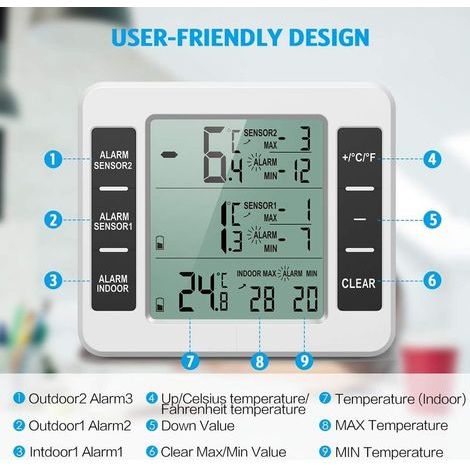 Thermomètre pour réfrigérateur avec alarme de congélateur, thermomètre sans fil intérieur et extérieur avec 2 capteurs (1/4)