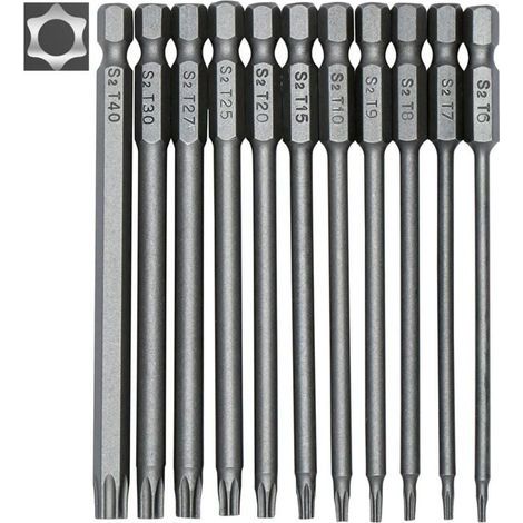 Juego de 11 puntas Torx largas para destornilladores y taladros eléctricos - Puntas magnéticas - Vástago hexagonal de 6 mm (1/4") - Tamaños T6 a T40 - Longitud: 100 mm (1/4)