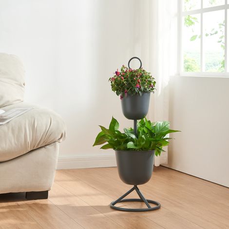 Soporte para plantas Alphen con 2 maceteros metal 77xØ26cm - Negro [en.casa]