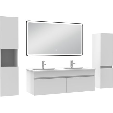 Acezanble Meuble double vasque blanc 120cm avec colonne + miroir lumineux 3 couleurs + dimmable (1/5)