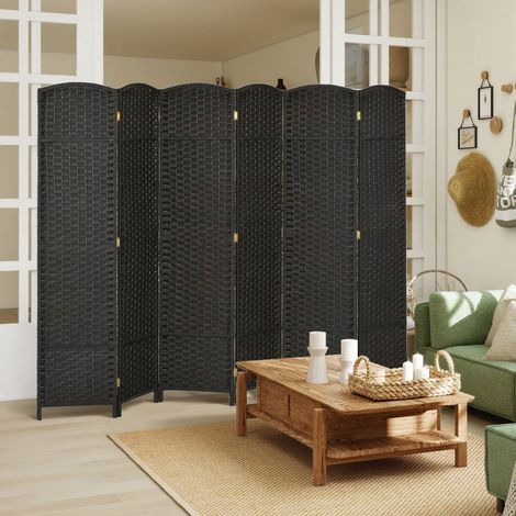 Paravent pliant 6 panneaux Intérieur Design tressé Pin Polypropylène 240x170 cm Noir Élégant et Robuste pour Salon (1/5)