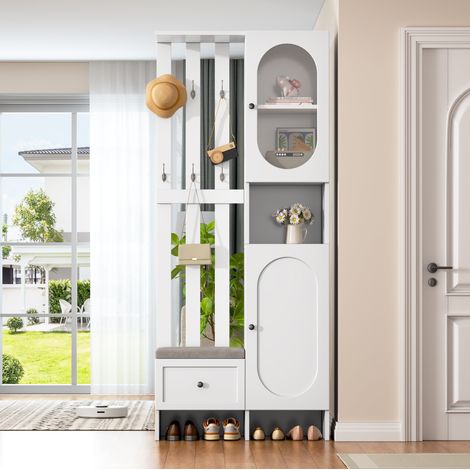 MEUBLIV Garderobe 85 x 33,5 x 200 cm Weiß – 2 Schränke, 6 Haken & Schuhbank (1/5)