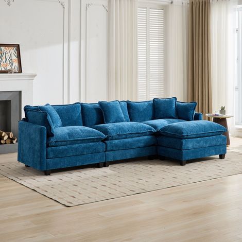 Canapé droit bleu en tissu chenille respirant – Assise rembourrée double couche – Méridienne pour salon et chambre – Dimensions généreuses