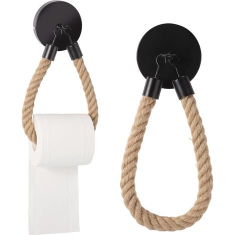 Wandmontierter Toilettenpapierhalter, schwarze Metallhalterung, Vintage-Hanfseil, für Badezimmer (1/5)