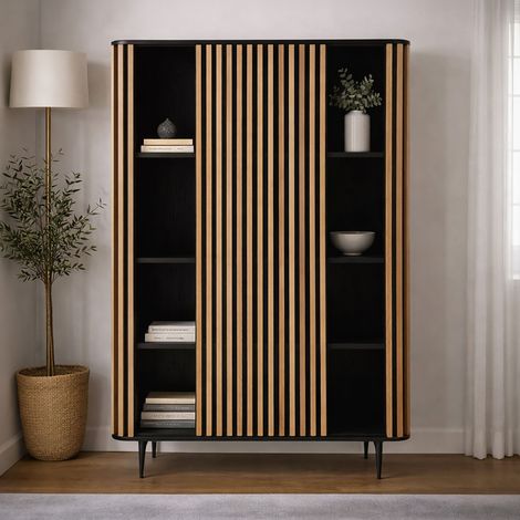 Buffet haut 1 porte 98x45x135 cm naturel et noir - LUNYA (1/5)