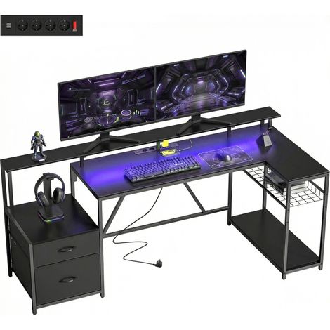Scrivania Gaming Angolare con Hub di Ricarica, Luci LED e Supporto Monitor, in Legno e Acciaio, 192.5x80x86.5 cm, Nero (1/5)