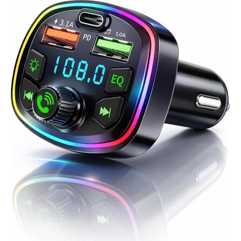 Adaptateur Bluetooth - Émetteur FM - Bluetooth 5.0 - Double Port USB QC 3.0 Et Port USB-C PD 20 W - Réduction De Bruit CVC - Pour Voiture Et Camion - Noir (1/5)