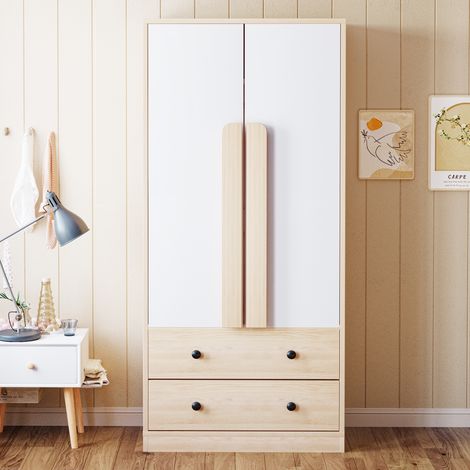 Armoire 2 Portes 70x170cm - Avec Tiroirs & Rangements - Pour Chambre, Couloir -Bois Naturel
