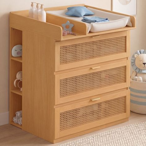 Cómoda cambiador evolutiva EDHEN de madera y mimbre, con 3 cajones, cambiador y 2 estantes extraíbles (1/5)