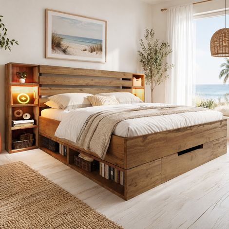 Cama adulta 160x200 cm de madera y metal roble con almacenaje sin colchón -FLORAGRACE (1/5)