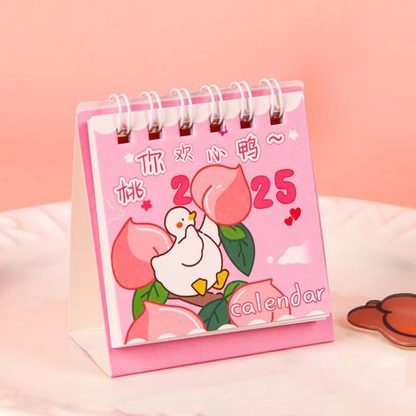 Calendario de escritorio Mini Duck Cartoon 2025 “Happy Duck Peach”, pequeño calendario decorativo para el escritorio del estudiante, decoración de mesa (1/5)