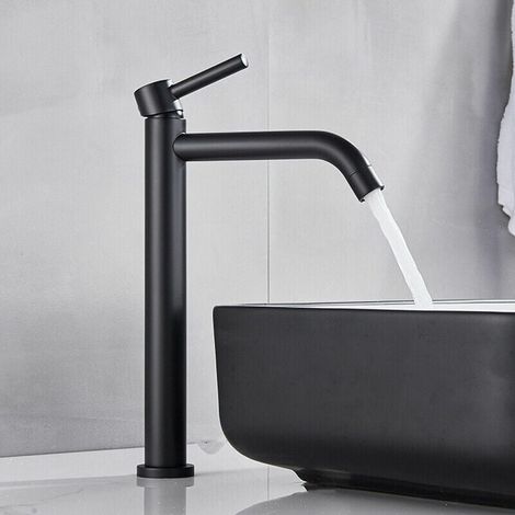 Robinet Mitigeur Monocommande Haut Mat en Pour Lavabo Salle de Bain Noir (1/4)