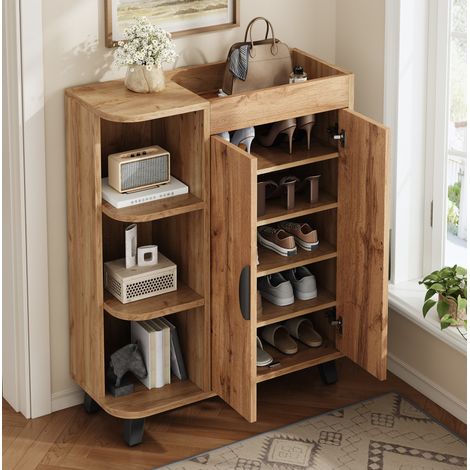 Mobile portascarpe stretto 80x32x99 cm con ripiani aperti e vano chiuso, legno naturale (1/5)