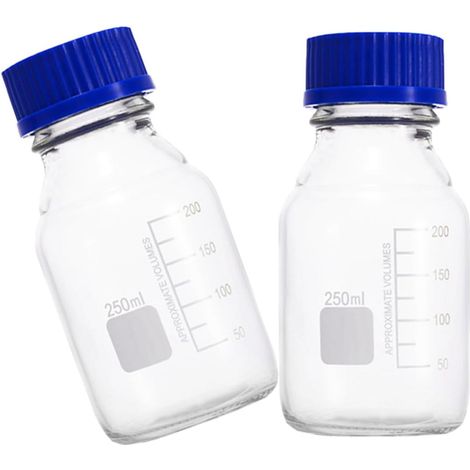 Lot de 2 Bouteilles en Verre de 250 Ml Bouchon Bleu, Flacons D'échantillon Précis pour Laboratoire, Mesure Précise et Prélèvement, pour Usage Domestique et Industriel (1/5)