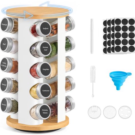 Étagère à Épices Rotative, avec 20 Pots en Verre, Organisateur de Cuisine, Tourniquet à Épices, avec Étiquettes, Entonnoir, Marqueur, Brosse, Blanc Mat et Bambou Naturel KCS255W101 (1/5)