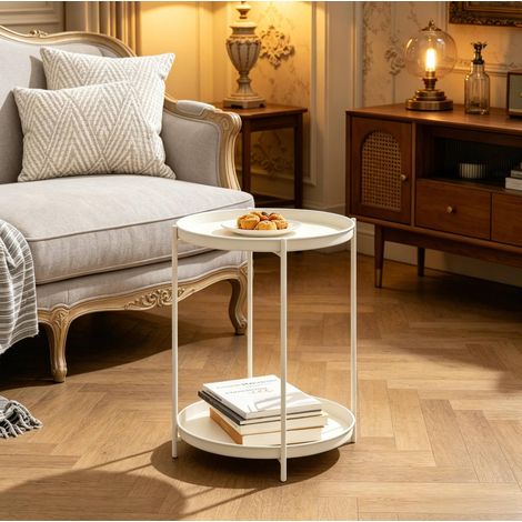 Table basse ronde 44 cm rangement métal blanc HAVRYA (1/5)