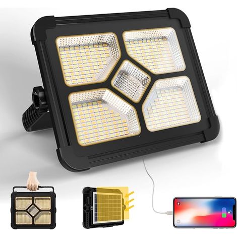 200W Projecteur LED Rechargeable 20000LM, Lumière de Travail Lanterne Portable avec Panneau Solaire, 20600mAh USB Lampe Rechargeable, pour Camping, Chantier, Garage, Atelier, Urgence Panne (1/5)