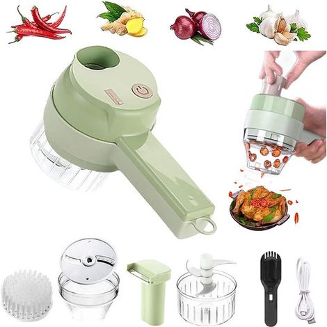 Juego portátil 4 en 1 de rebanadora eléctrica de verduras, mini molinillo de ajo eléctrico multifuncional, procesador alimentos portátil cepillo (1/4)
