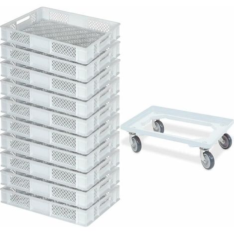 BRB 10 Eurobehälter, LxBxH 600x400x90 mm, Industriequalität, lebensmittelecht + 1 Transportroller (weiß/weiß)